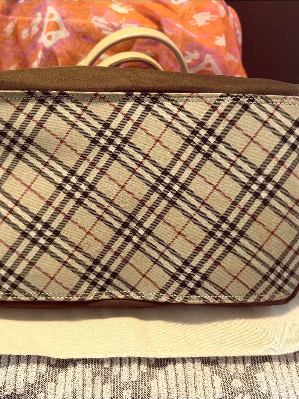 Burberry Beige Plaid Tote with Brown Trim